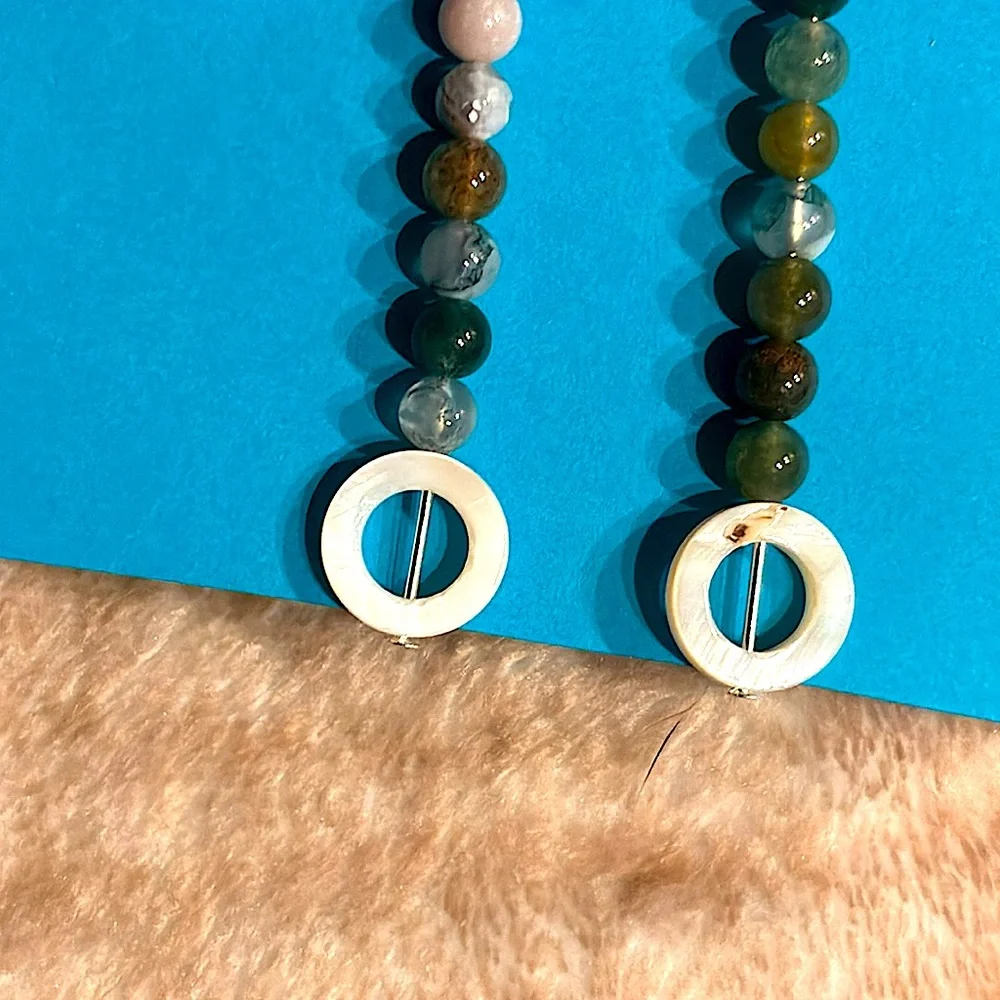 Green Jasper and Shell Silver Dangle Earrings - Picture 2 of 5